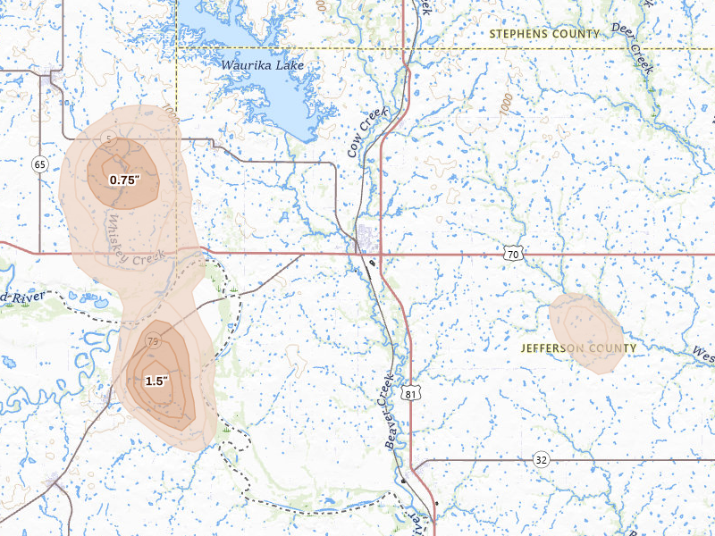 Radar-estimated hail-size map of the storm over Waurika, OK on Jul 5, 2026