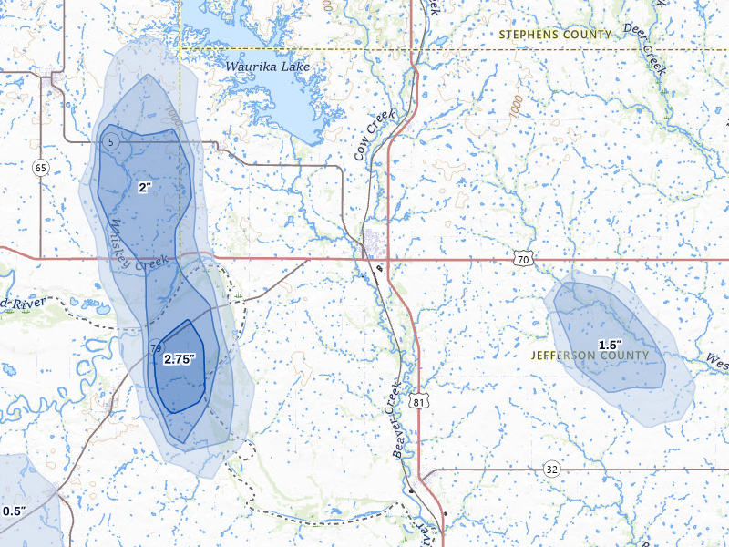 NEXRAD radar-signature map of the hail storm over Waurika, OK on Jul 5, 2026