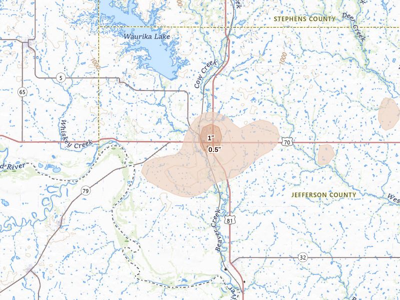 Radar-estimated hail-size map of the storm over Waurika, OK on Aug 8, 2026