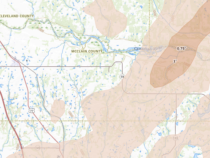 Radar-estimated hail-size map of the storm over Wayne, OK on Mar 6, 2026