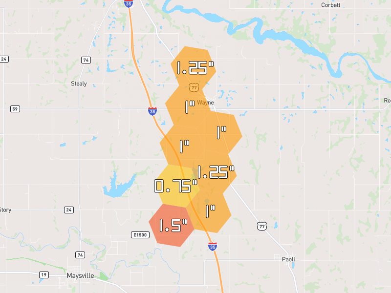Hail map of Wayne, OK on Jul 5, 2026, hail up to 1.5"