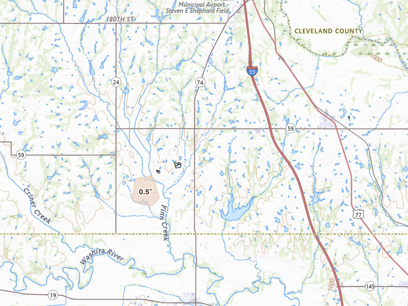 Radar-estimated hail-size map of the storm over Wayne, OK on Aug 7, 2026