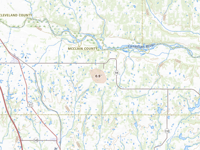 Radar-estimated hail-size map of the storm over Wayne, OK on Aug 21, 2026