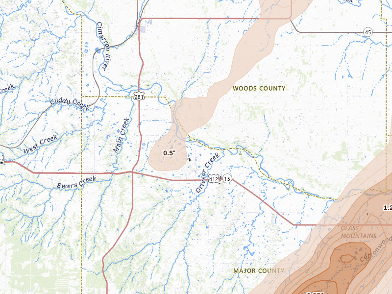 Radar-estimated hail-size map of the storm over Waynoka, OK on Mar 5, 2026