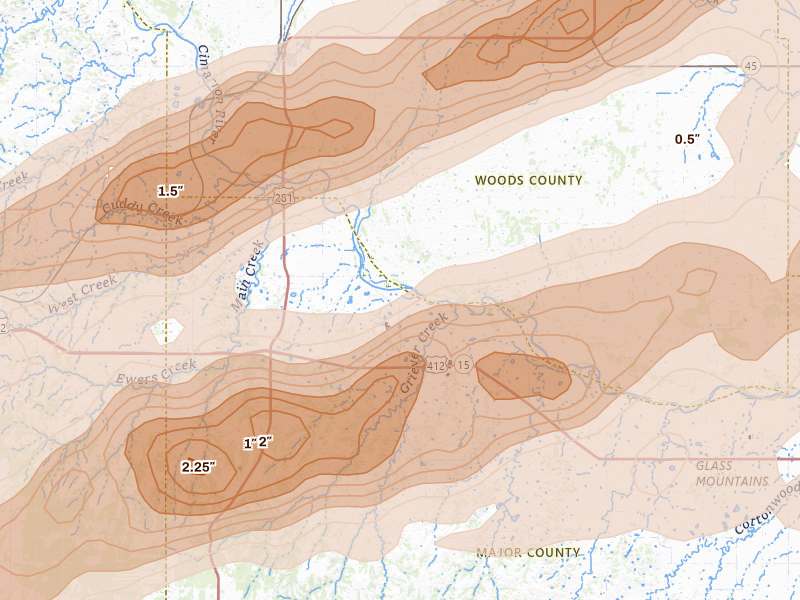 Radar-estimated hail-size map of the storm over Waynoka, OK on Apr 17, 2026