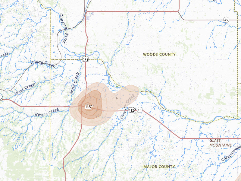 Radar-estimated hail-size map of the storm over Waynoka, OK on Jun 5, 2026