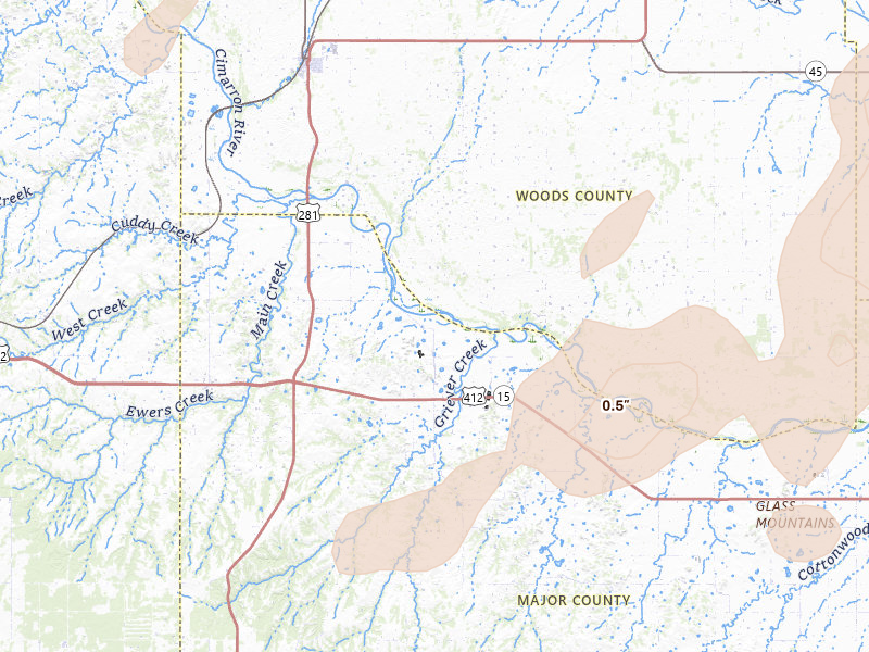 Radar-estimated hail-size map of the storm over Waynoka, OK on Jun 12, 2026