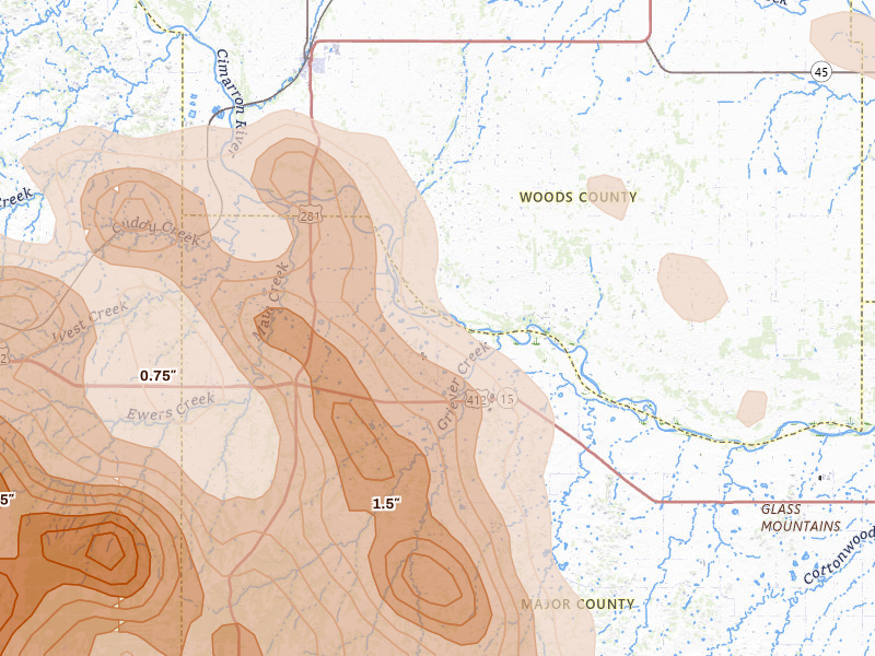 Radar-estimated hail-size map of the storm over Waynoka, OK on Jul 4, 2026