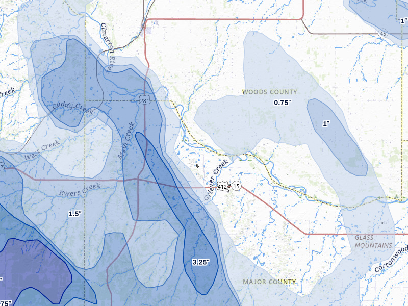 NEXRAD radar-signature map of the hail storm over Waynoka, OK on Jul 4, 2026