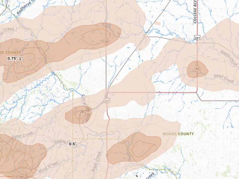 Radar-estimated hail-size map of the storm over Waynoka, OK on Sep 19, 2026