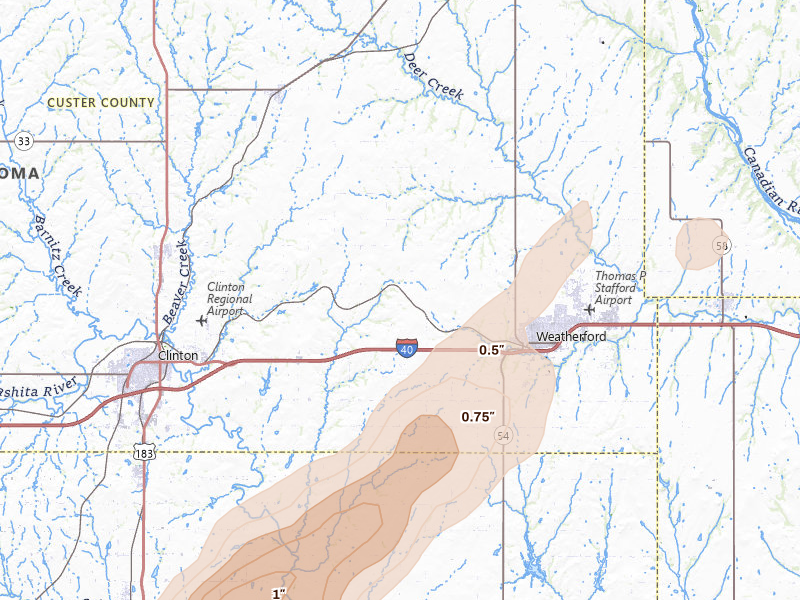 Radar-estimated hail-size map of the storm over Weatherford, OK on Apr 1, 2026