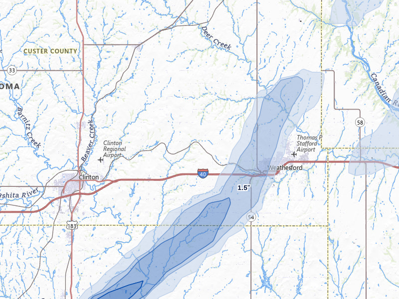 NEXRAD radar-signature map of the hail storm over Weatherford, OK on Apr 1, 2026
