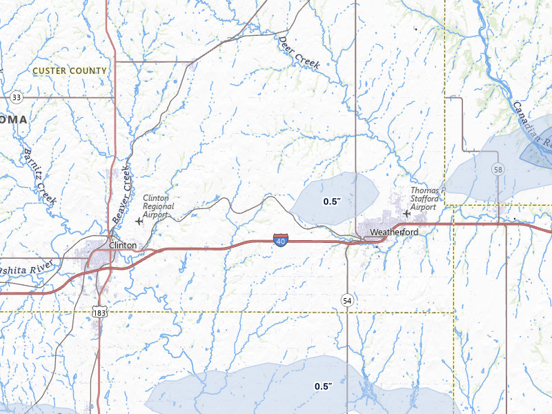NEXRAD radar-signature map of the hail storm over Weatherford, OK on May 15, 2026