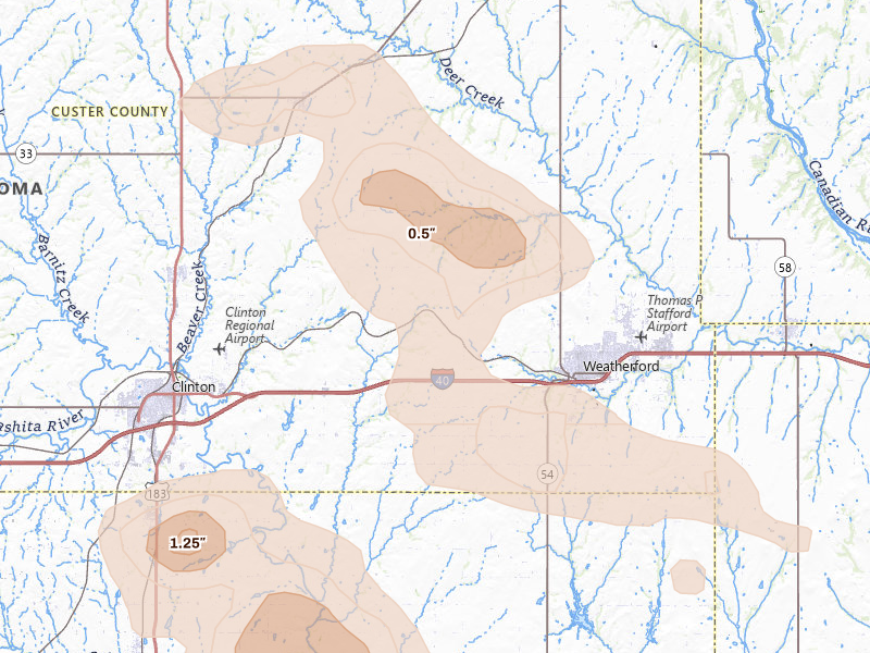 Radar-estimated hail-size map of the storm over Weatherford, OK on Jul 4, 2026
