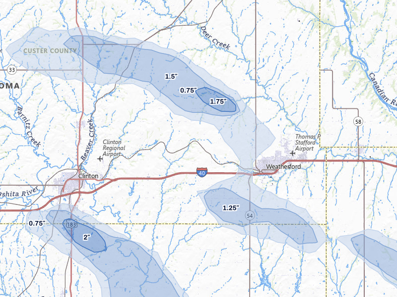 NEXRAD radar-signature map of the hail over Weatherford, OK