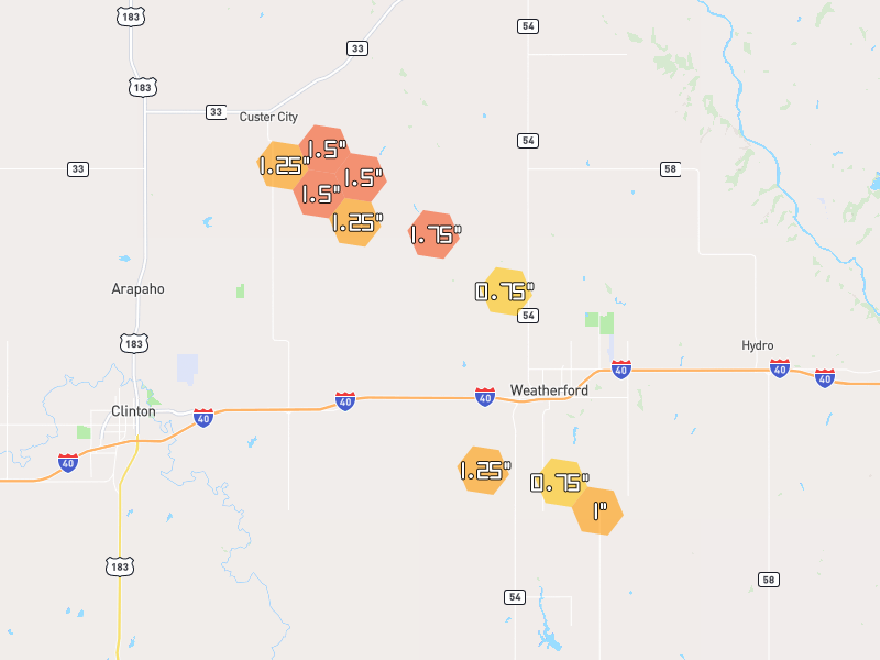 Hail map of Weatherford, OK on Jul 5, 2026, hail up to 1.75"