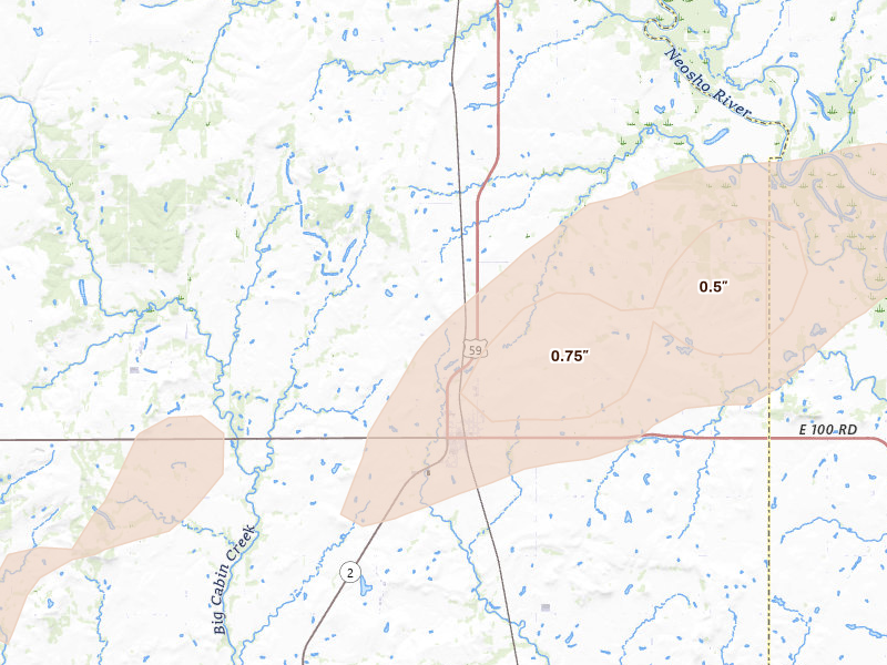 Radar-estimated hail-size map of the storm over Welch, OK on Apr 3, 2026