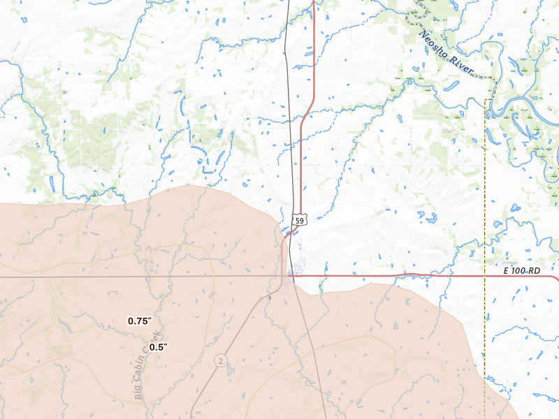 Radar-estimated hail-size map of the storm over Welch, OK on May 4, 2026