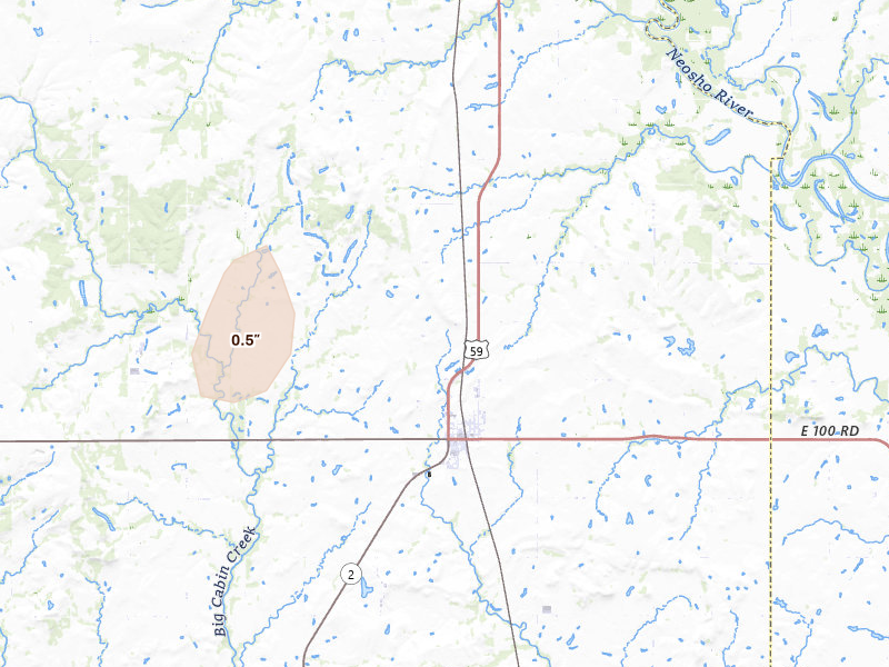 Radar-estimated hail-size map of the storm over Welch, OK on May 18, 2026
