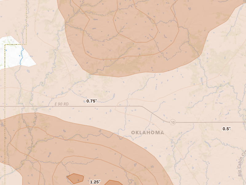 Radar-estimated hail-size map of the storm over Welch, OK on Jun 11, 2026