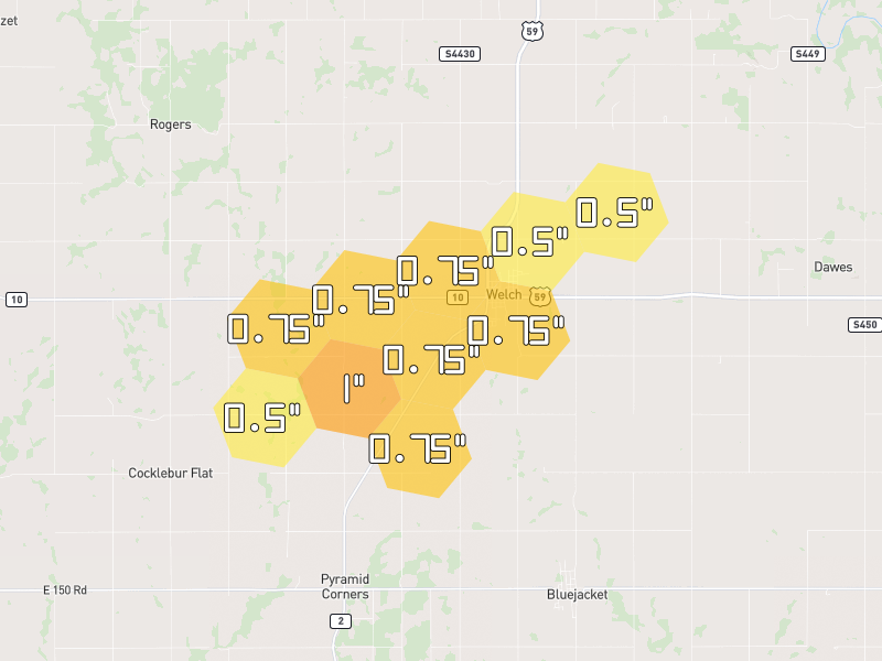 Hail map of Welch, OK on Jun 27, 2026, hail up to 1"