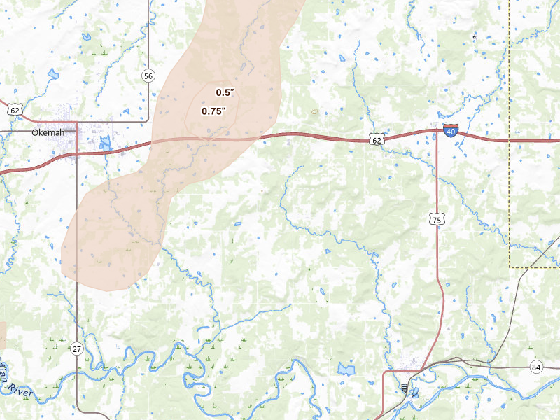 Radar-estimated hail-size map of the storm over Weleetka, OK on Mar 6, 2026