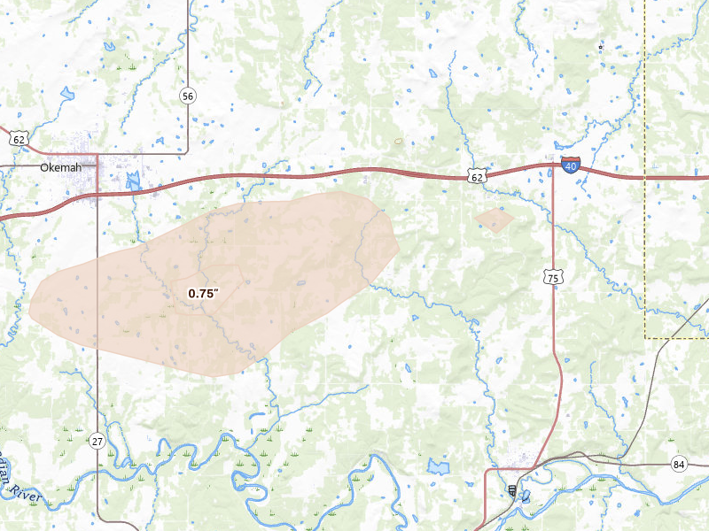 Radar-estimated hail-size map of the storm over Weleetka, OK on Apr 25, 2026