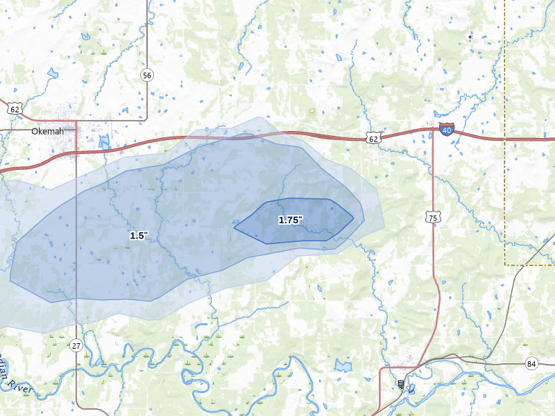 NEXRAD radar-signature map of the hail over Weleetka, OK