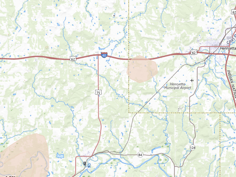 Radar-estimated hail-size map of the storm over Weleetka, OK on Aug 7, 2026