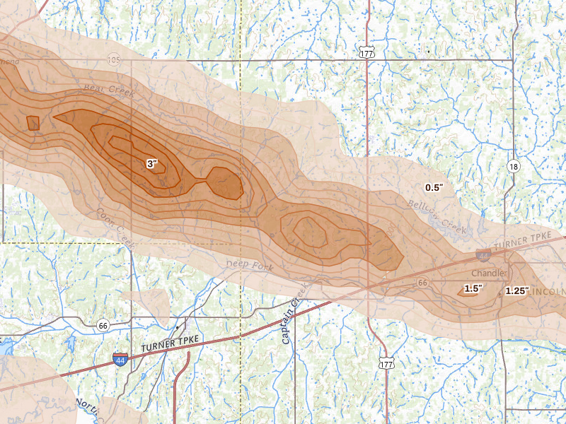 Radar-estimated hail-size map of the storm over Wellston, OK on Jun 26, 2026