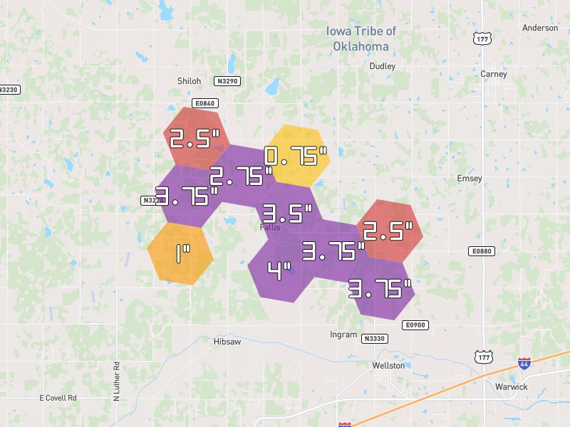 Hail map of Wellston, OK on Jun 27, 2026, hail up to 4"
