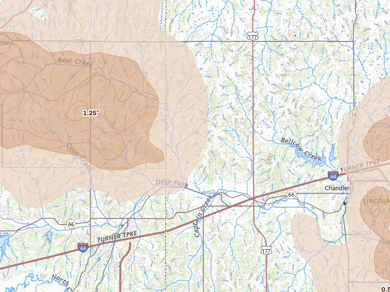 Radar-estimated hail-size map of the storm over Wellston, OK on Jul 4, 2026