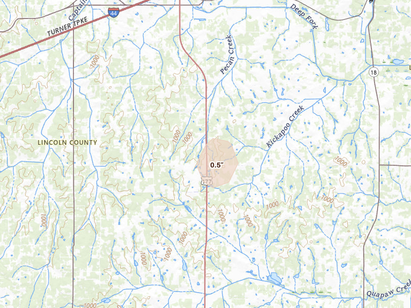 Radar-estimated hail-size map of the storm over Wellston, OK on Aug 21, 2026