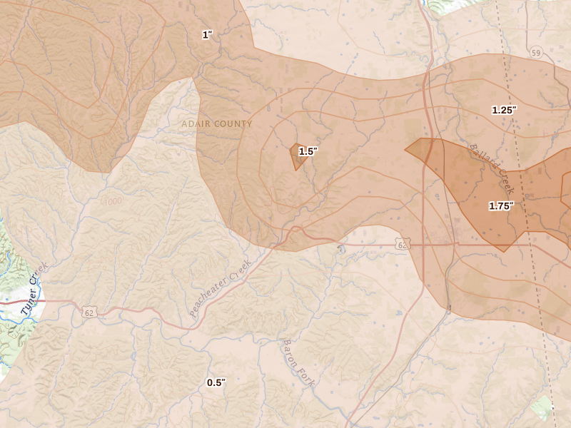 Radar-estimated hail-size map of the storm over Westville, OK on Apr 28, 2026