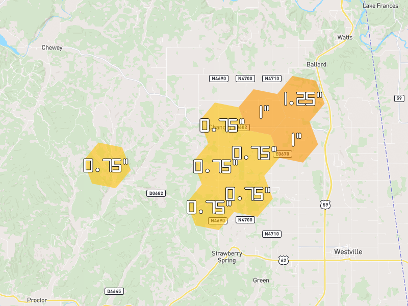 Hail map of Westville, OK on Jul 12, 2026, hail up to 1.25"
