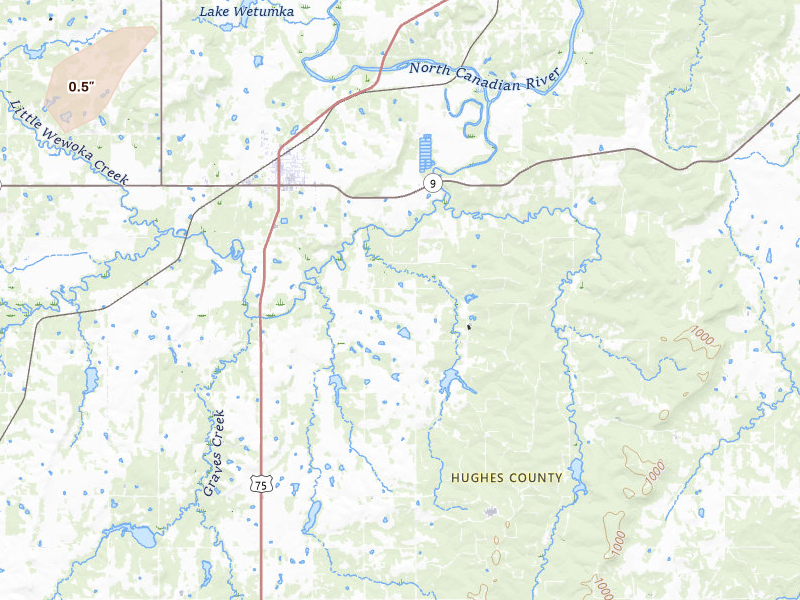 Radar-estimated hail-size map of the storm over Wetumka, OK on Mar 10, 2026