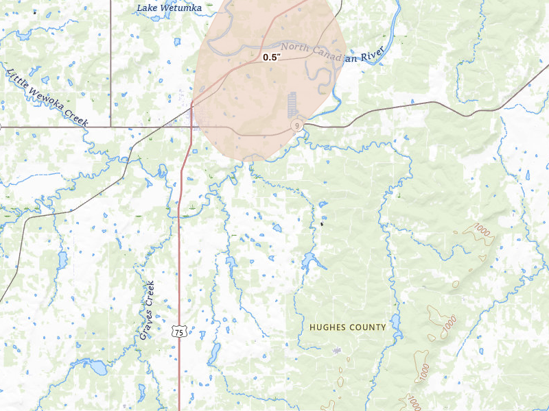 Radar-estimated hail-size map of the storm over Wetumka, OK on Apr 3, 2026