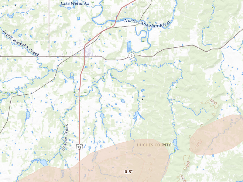 Radar-estimated hail-size map of the storm over Wetumka, OK on Apr 28, 2026