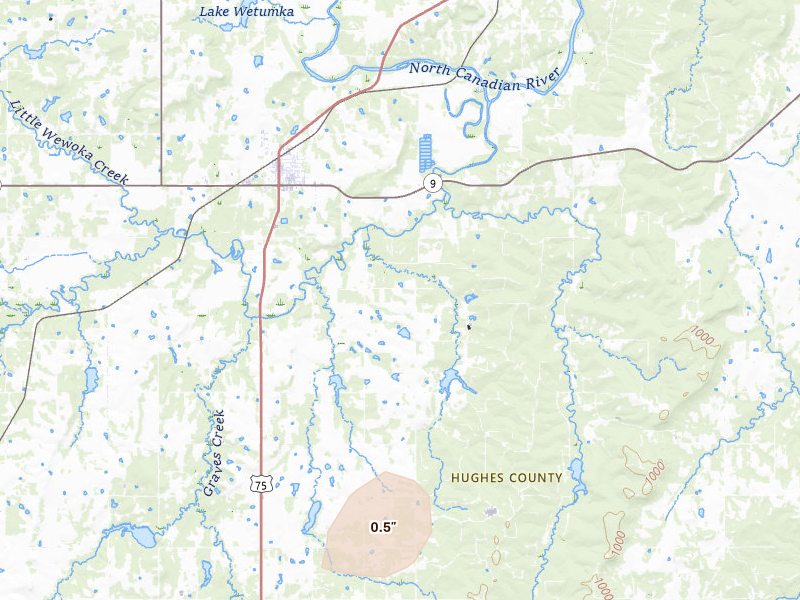 Radar-estimated hail-size map of the storm over Wetumka, OK on Jul 4, 2026