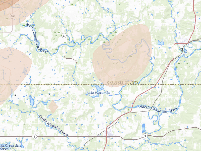Radar-estimated hail-size map of the storm over Wetumka, OK on Aug 7, 2026