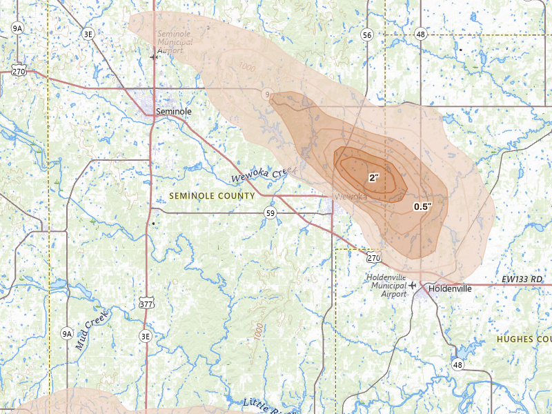 Radar-estimated hail-size map of the storm over Wewoka, OK on Apr 24, 2026