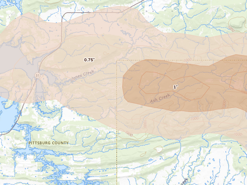Radar-estimated hail-size map of the storm over Wilburton, OK on Apr 28, 2026