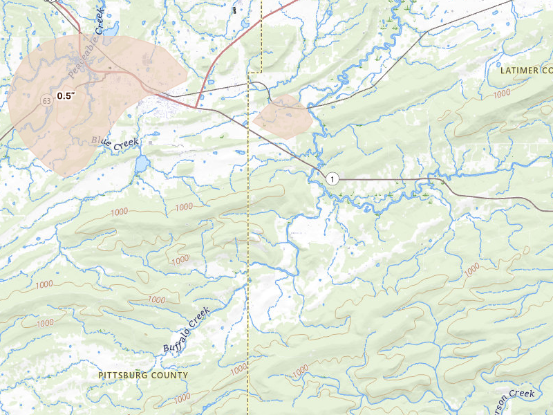 Radar-estimated hail-size map of the storm over Wilburton, OK on May 22, 2026