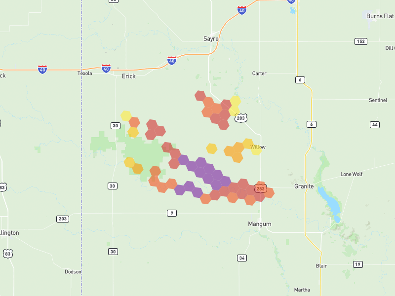 Hail map of Willow, OK on Jun 26, 2026, hail up to 4"