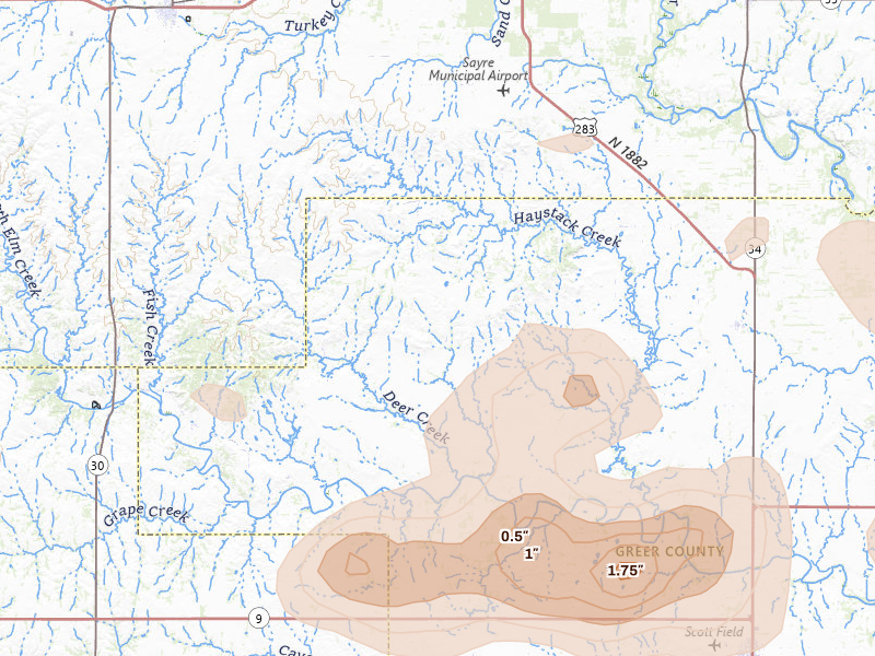 Radar-estimated hail-size map of the storm over Willow, OK on Jul 4, 2026