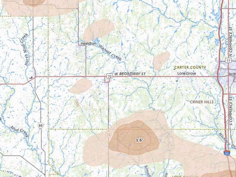 Radar-estimated hail-size map of the storm over Wilson, OK on Apr 25, 2026