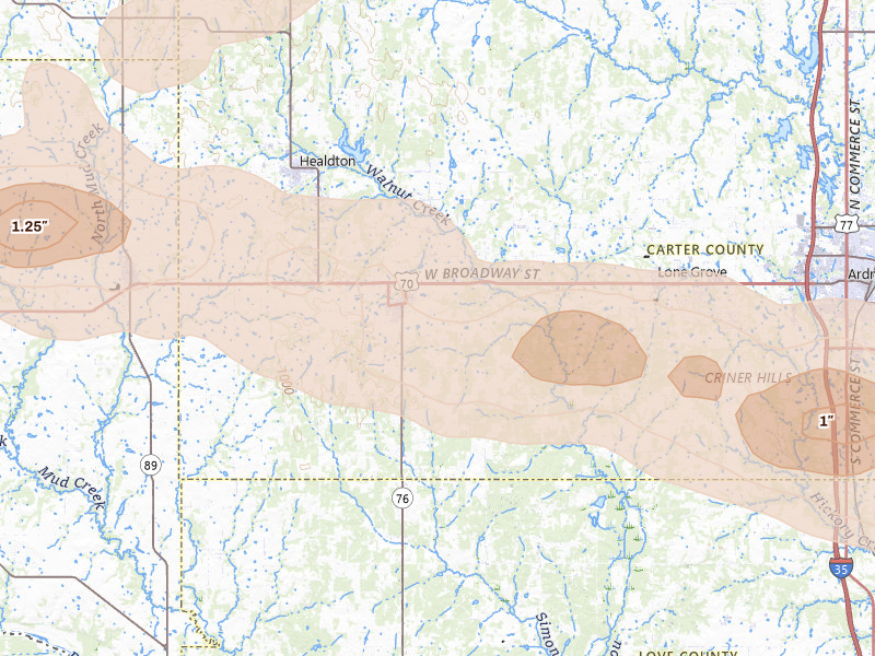 Radar-estimated hail-size map of the storm over Wilson, OK on Apr 28, 2026