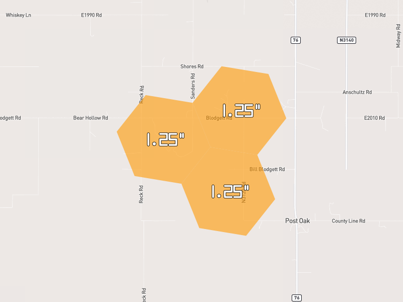 Hail map of Wilson, OK on Jun 6, 2026, hail up to 1.25"