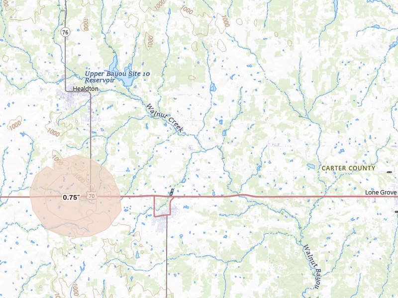 Radar-estimated hail-size map of the storm over Wilson, OK on Jul 5, 2026