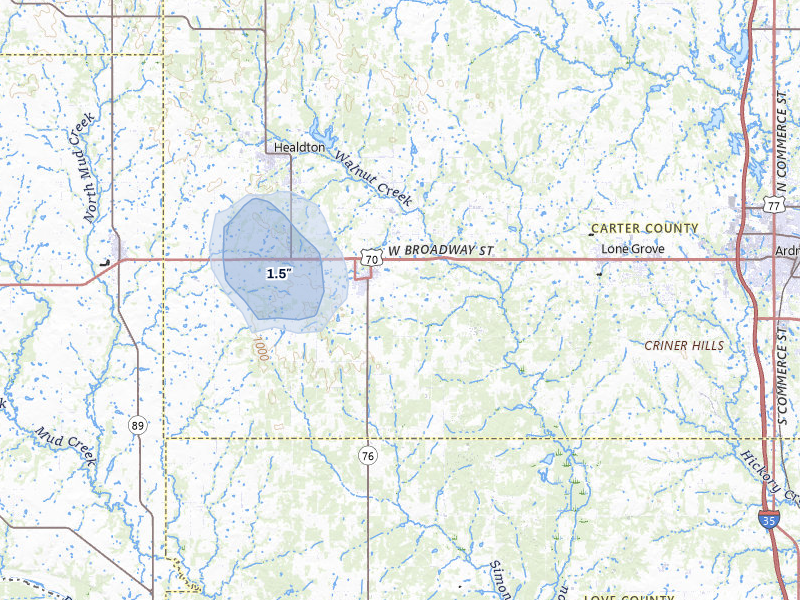 NEXRAD radar-signature map of the hail storm over Wilson, OK on Jul 5, 2026